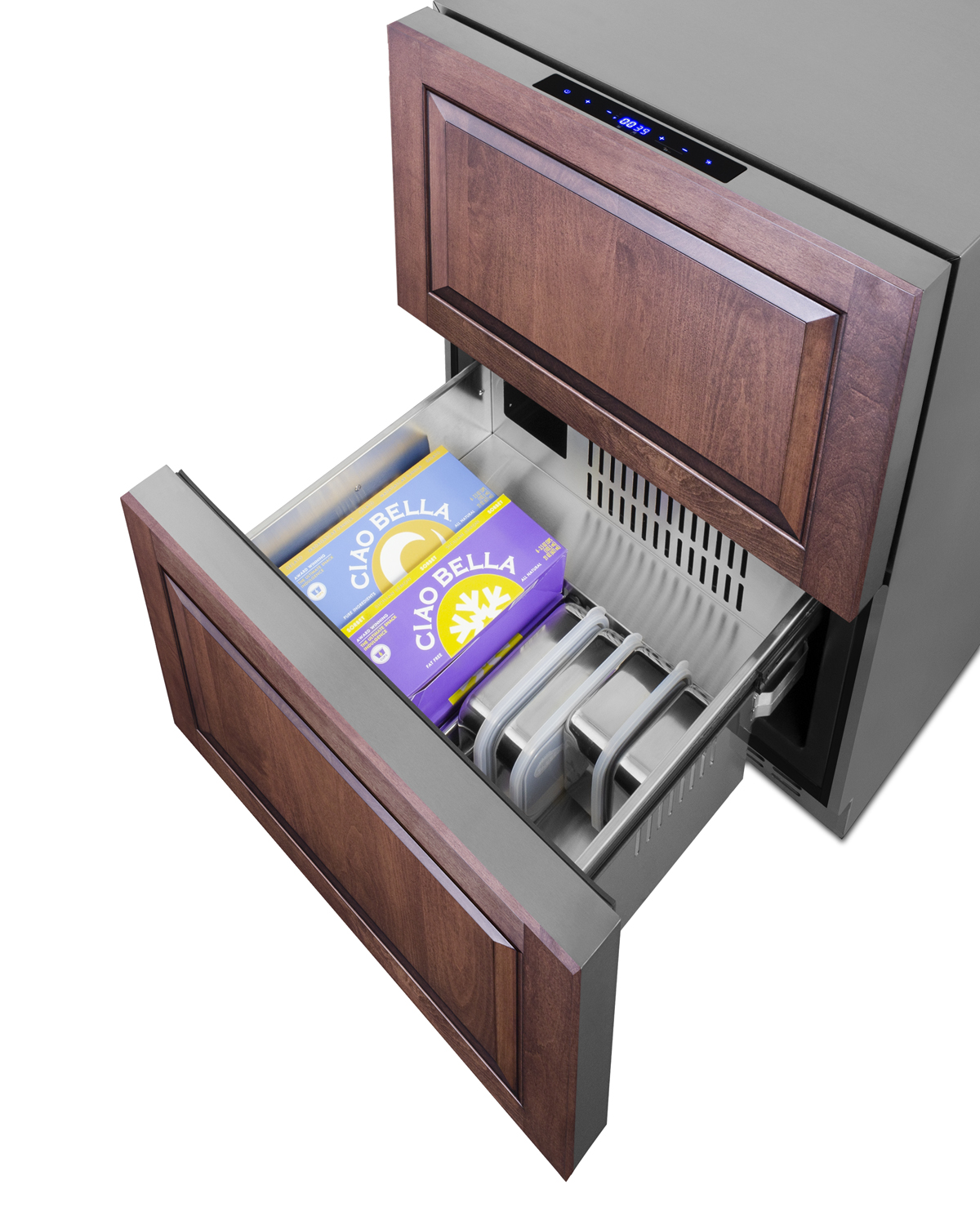 24 in. wide ADA compliant 2-drawer refrigerator-freezer for indoor or outdoor residential or commercial use, stainless steel exterior with panel-ready drawer fronts